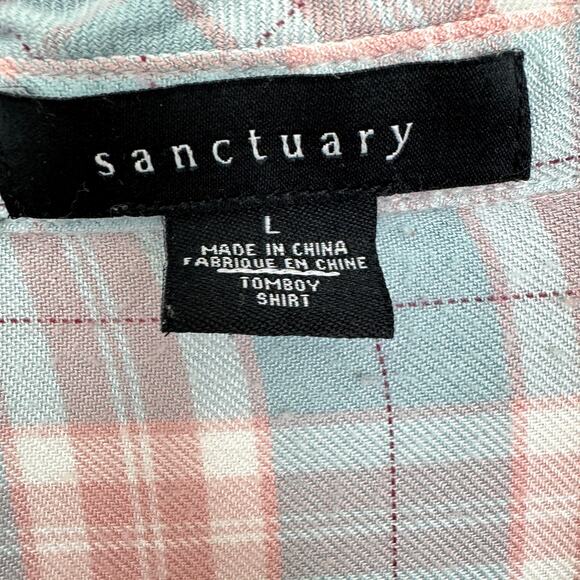 Sanctuary Womens Tomboy Shirt Size L Plaid Pastel Flowy Button Front Pink Blue - Picture 2 of 6